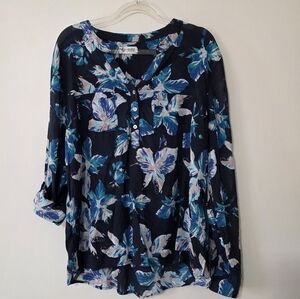 Carve Designs 100% Organic Cotton Popover Roll Tab Sleeve Sheer Floral Top